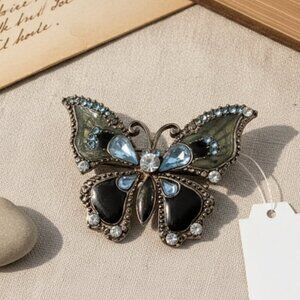Elegant Butterfly Crystal Pin Brooch - Blue Green Gunmetal Intricate Filigree
